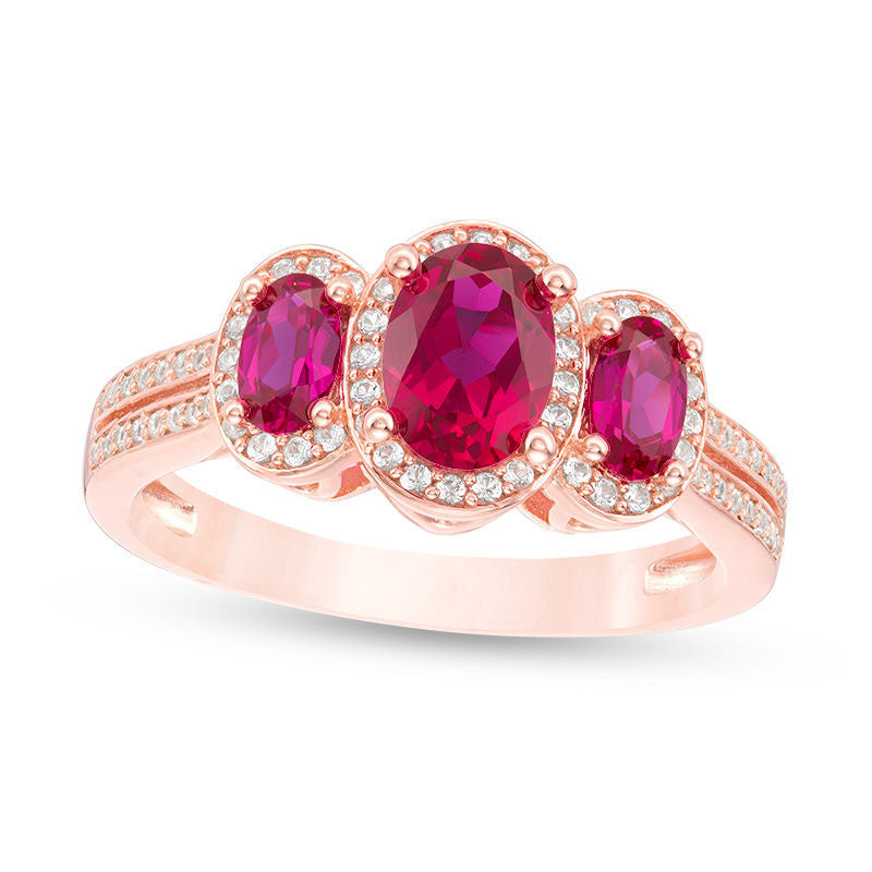 Image of ID 1 Oval Ruby and 025 CT TW Natural Diamond Three Stone Frame Ring in Solid 10K Rose Gold