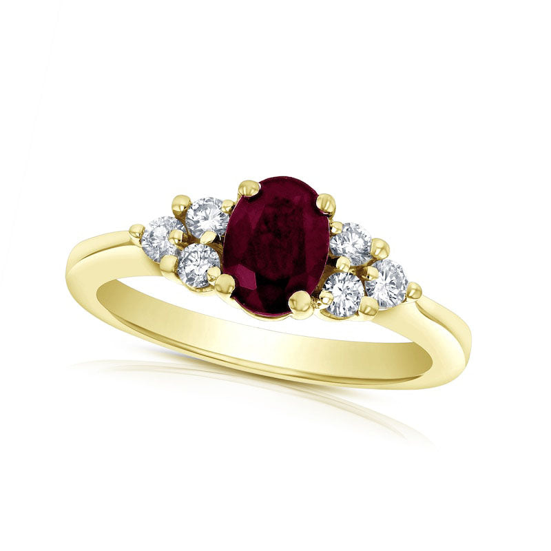 Image of ID 1 Oval Ruby and 033 CT TW Natural Diamond Tri-Sides Engagement Ring in Solid 14K Gold