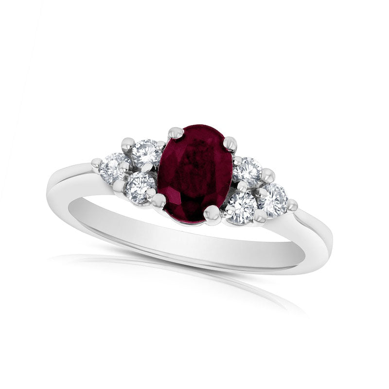 Image of ID 1 Oval Ruby and 033 CT TW Natural Diamond Tri-Sides Engagement Ring in Solid 14K White Gold