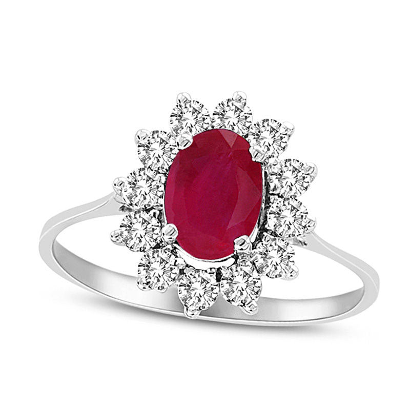 Image of ID 1 Oval Ruby and 050 CT TW Natural Diamond Starburst Frame Ring in Solid 14K White Gold