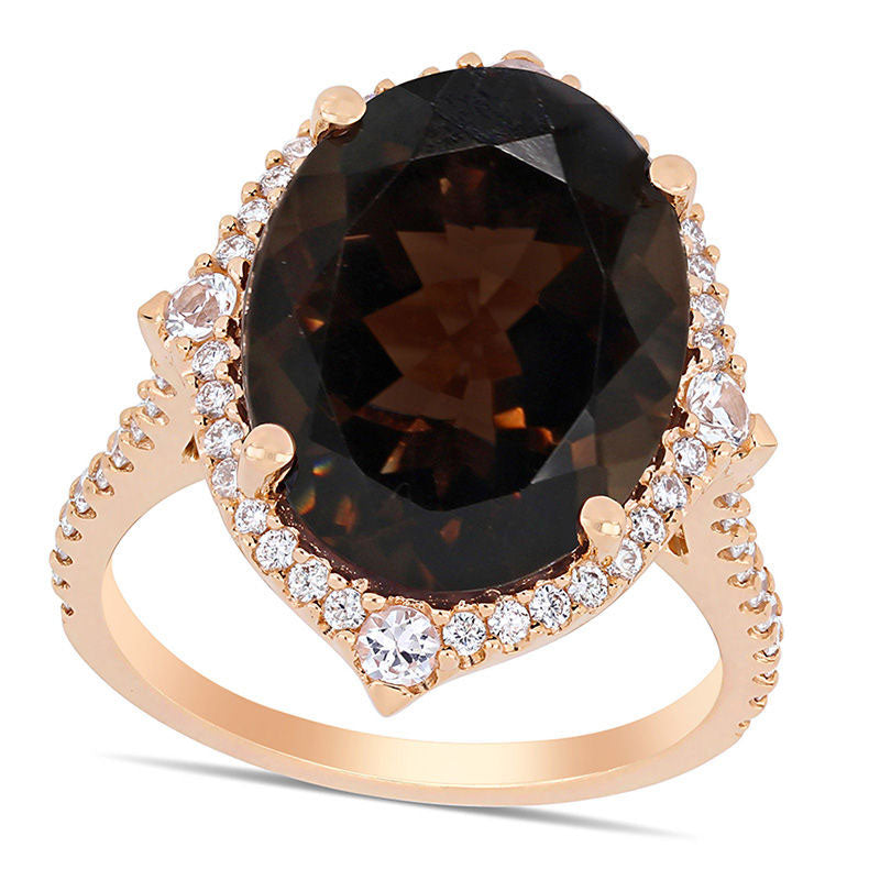 Image of ID 1 Oval Smoky Quartz White Sapphire and 038 CT TW Natural Diamond Art Deco Frame Ring in Solid 14K Rose Gold