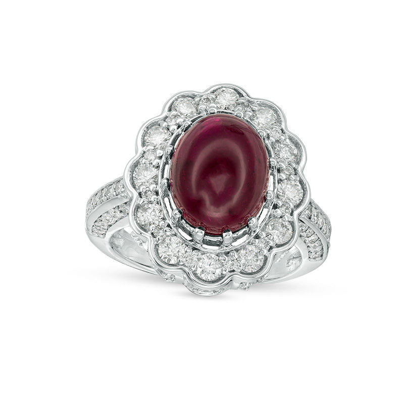 Image of ID 1 Oval Tourmaline Cabochon and 15 CT TW Natural Diamond Scallop Frame Ring in Solid 14K White Gold