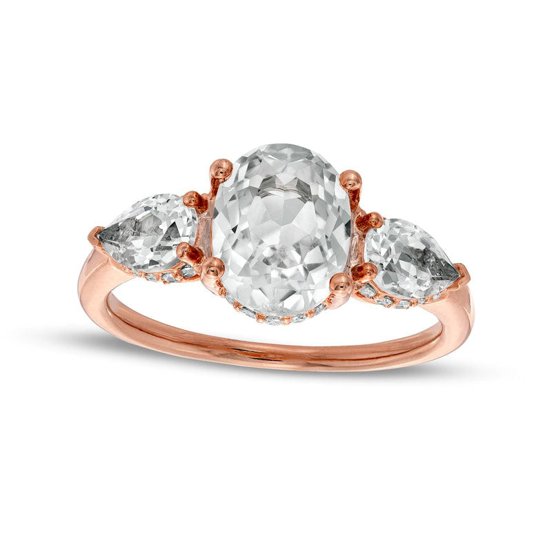 Image of ID 1 Oval White Lab-Created Sapphire and 017 CT TW Diamond Frame Three Stone Engagement Ring in Solid 10K Rose Gold