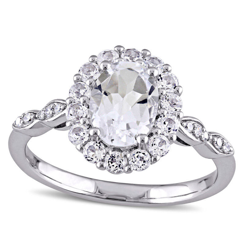 Image of ID 1 Oval White Topaz and Natural Diamond Accent Frame Ring in Solid 14K White Gold