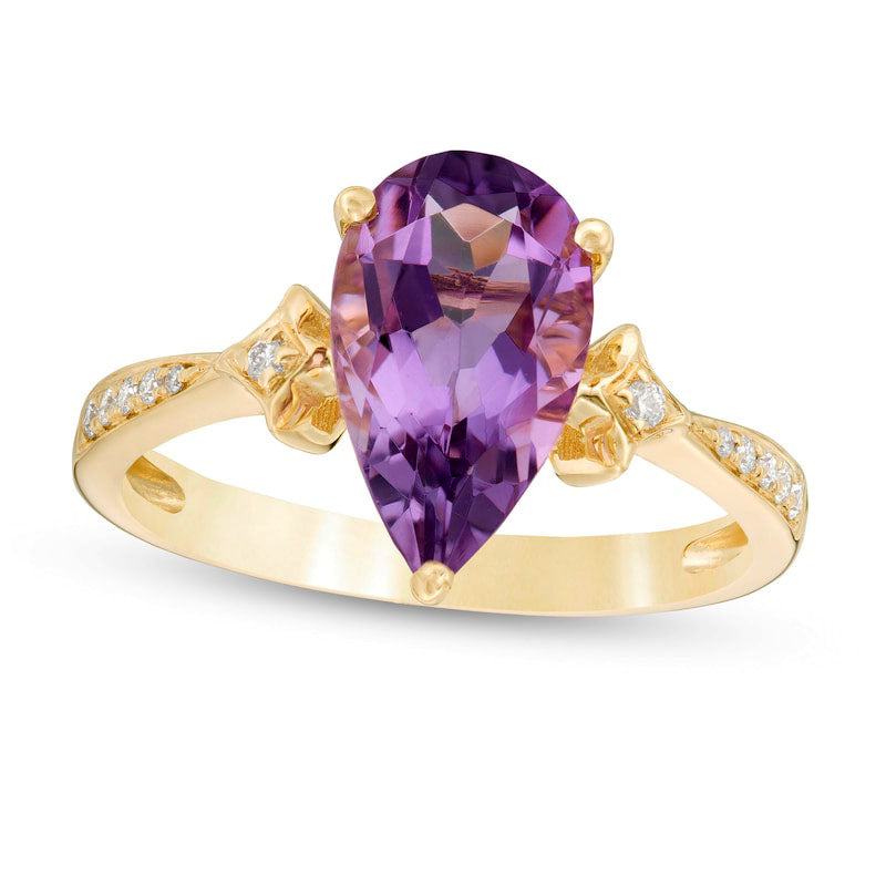 Image of ID 1 Pear-Shaped Amethyst and 005 CT TW Natural Diamond Kite-Shaped Side Accents Tapered Shank Ring in Solid 14K Gold