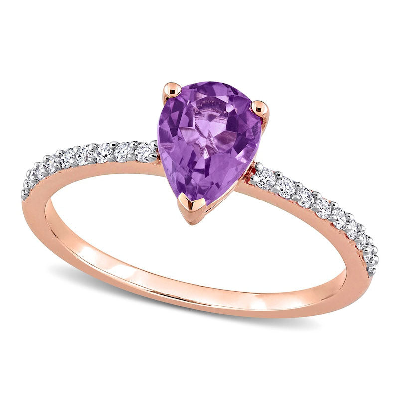 Image of ID 1 Pear-Shaped Amethyst and 013 CT TW Natural Diamond Ring in Solid 14K Rose Gold
