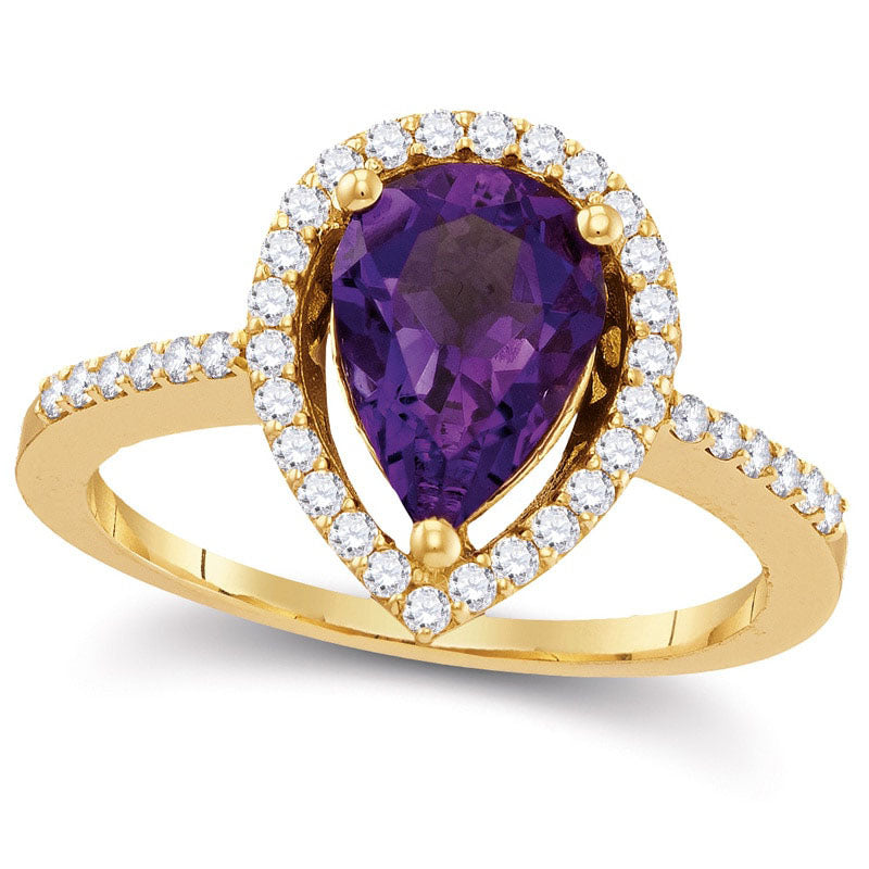 Image of ID 1 Pear-Shaped Amethyst and 033 CT TW Natural Diamond Frame Ring in Solid 10K Yellow Gold
