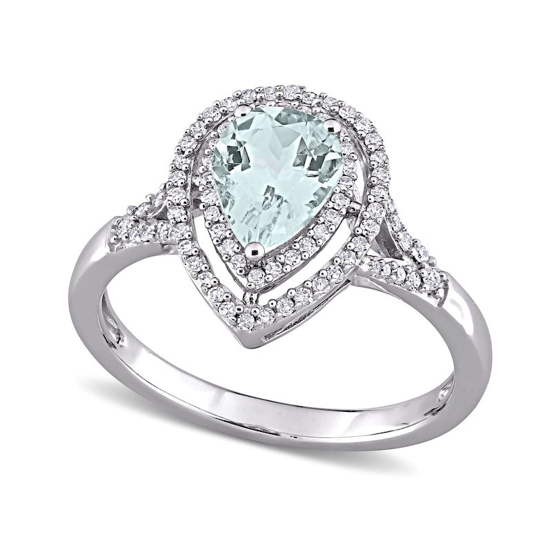 Image of ID 1 Pear-Shaped Aquamarine and 025 CT TW Natural Diamond Open Double Frame Split Shank Ring in Solid 14K White Gold