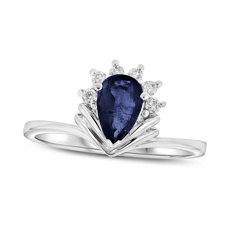 Image of ID 1 Pear-Shaped Blue Sapphire and 010 CT TW Natural Diamond Fanned Ring in Solid 14K White Gold