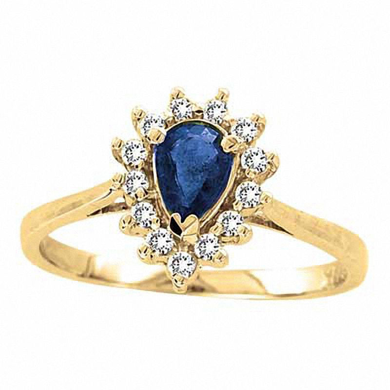 Image of ID 1 Pear-Shaped Blue Sapphire and 013 CT TW Natural Diamond Engagement Ring in Solid 14K Gold