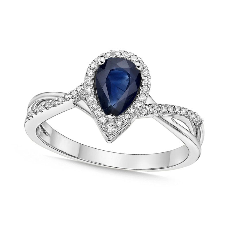 Image of ID 1 Pear-Shaped Blue Sapphire and 013 CT TW Natural Diamond Frame Twist Shank Ring in Solid 10K White Gold