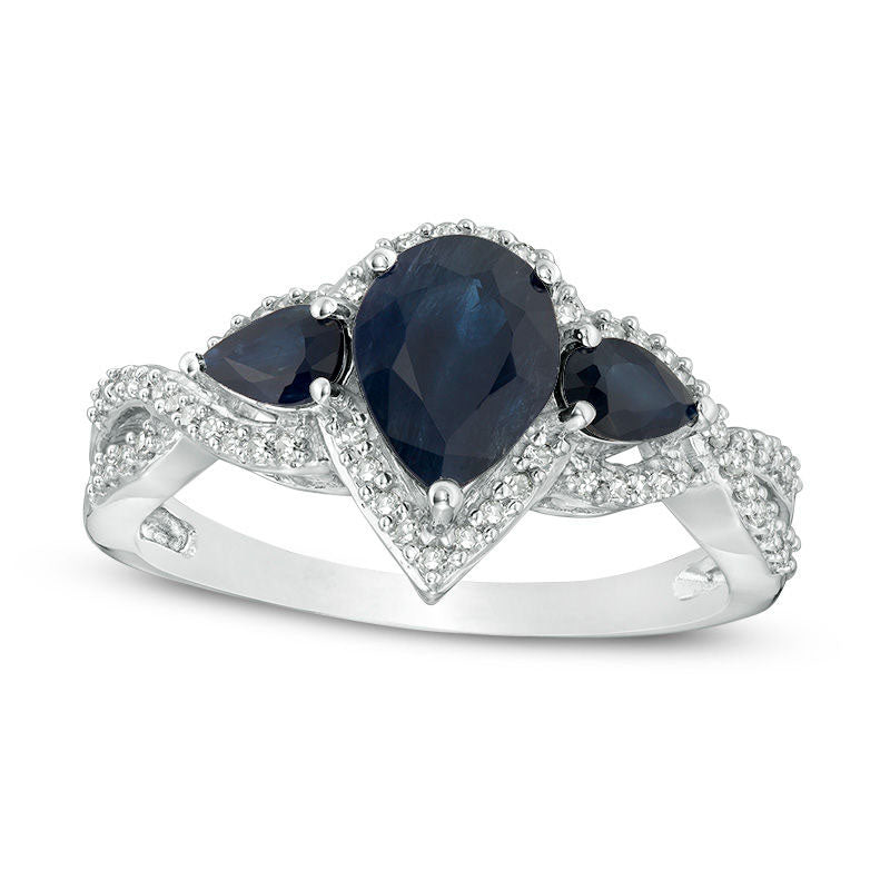 Image of ID 1 Pear-Shaped Blue Sapphire and 017 CT TW Natural Diamond Frame Three Stone Twist Shank Ring in Solid 10K White Gold
