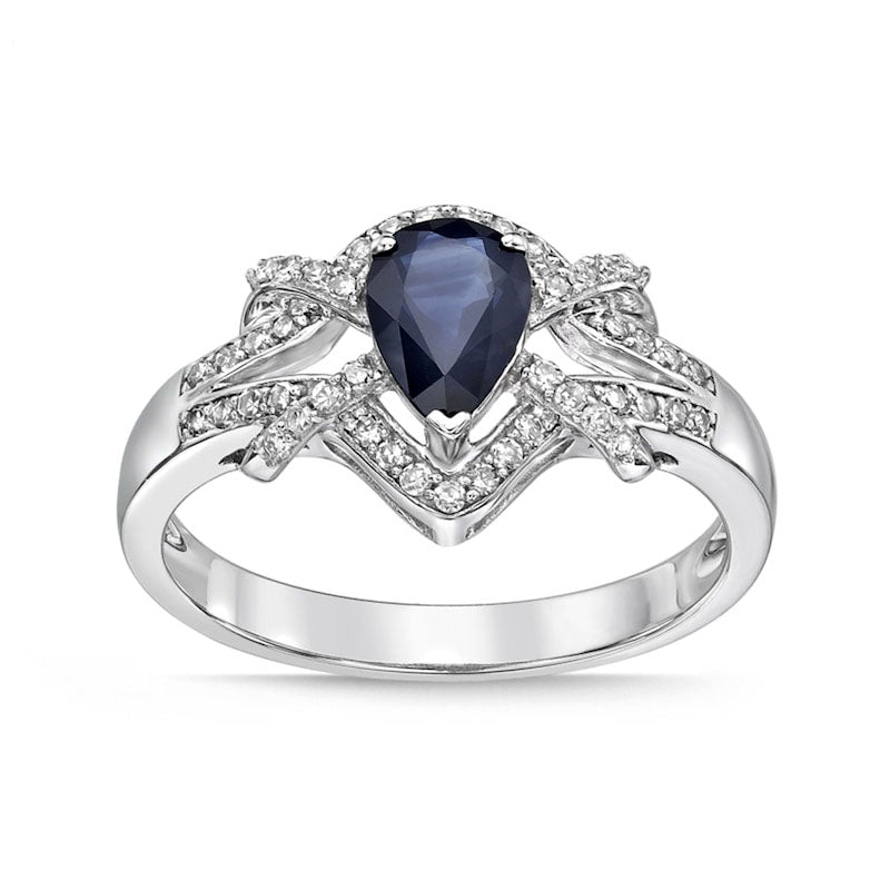 Image of ID 1 Pear-Shaped Blue Sapphire and 020 CT TW Natural Diamond Frame Buckle Split Shank Ring in Solid 10K White Gold