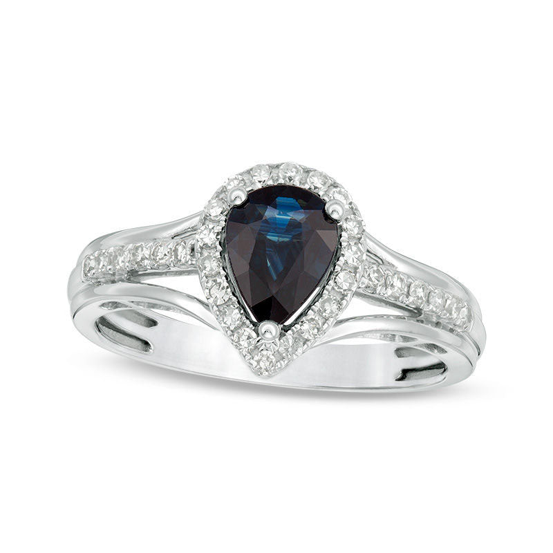 Image of ID 1 Pear-Shaped Blue Sapphire and 020 CT TW Natural Diamond Frame Triple Row Split Shank Ring in Solid 10K White Gold