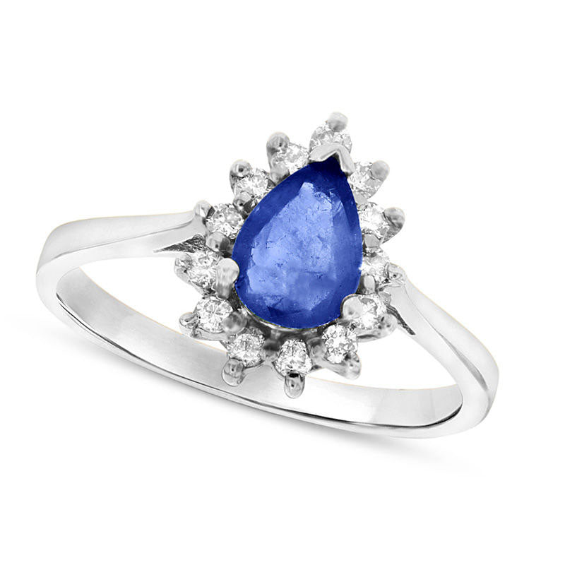 Image of ID 1 Pear-Shaped Blue Sapphire and 020 CT TW Natural Diamond Starburst Frame Ring in Solid 14K White Gold