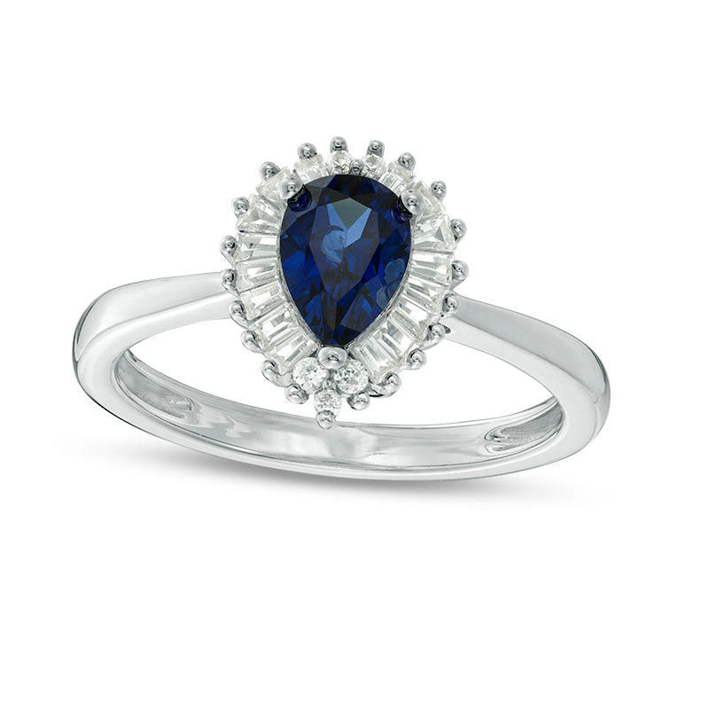 Image of ID 1 Pear-Shaped Blue Sapphire and 020 CT TW Natural Diamond Sunburst Frame Ring in Solid 10K White Gold