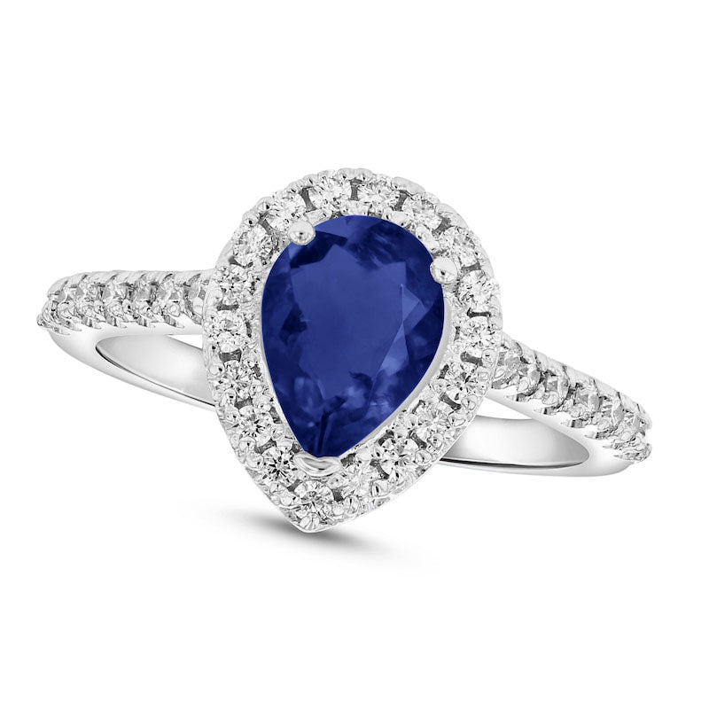 Image of ID 1 Pear-Shaped Blue Sapphire and 033 CT TW Natural Diamond Frame Ring in Solid 14K White Gold