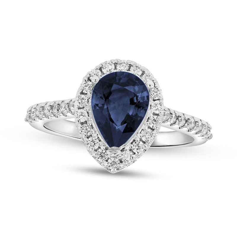 Image of ID 1 Pear-Shaped Blue Sapphire and 038 CT TW Natural Diamond Frame Ring in Solid 14K White Gold