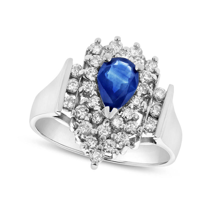 Image of ID 1 Pear-Shaped Blue Sapphire and 050 CT TW Natural Diamond Linear Tri-Sides Collar Ring in Solid 14K White Gold