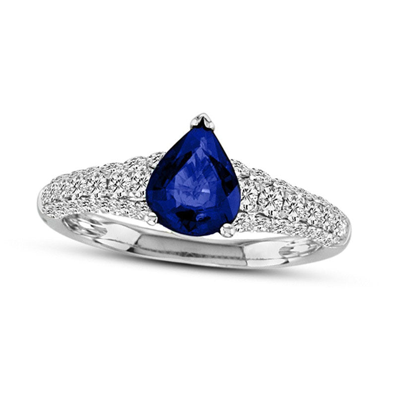 Image of ID 1 Pear-Shaped Blue Sapphire and 075 CT TW Natural Diamond Ring in Solid 18K White Gold