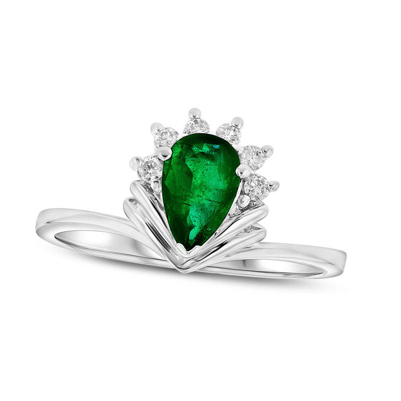 Image of ID 1 Pear-Shaped Emerald and 010 CT TW Natural Diamond Fanned Ring in Solid 14K White Gold