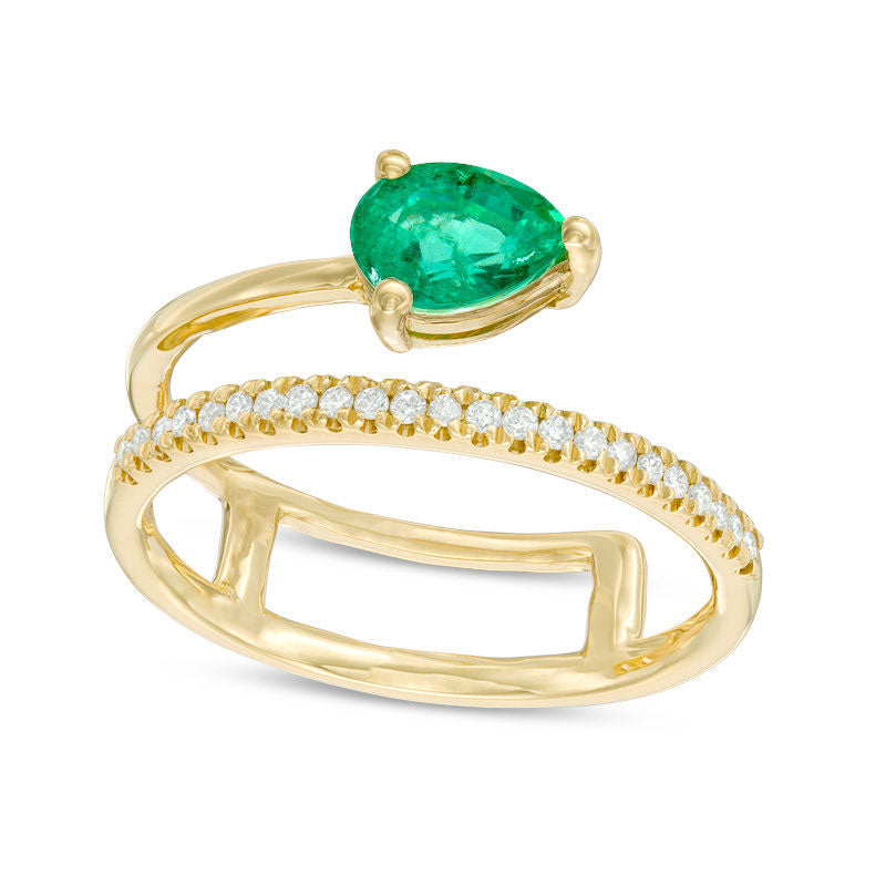 Image of ID 1 Pear-Shaped Emerald and 010 CT TW Natural Diamond Wrap Ring in Solid 18K Gold