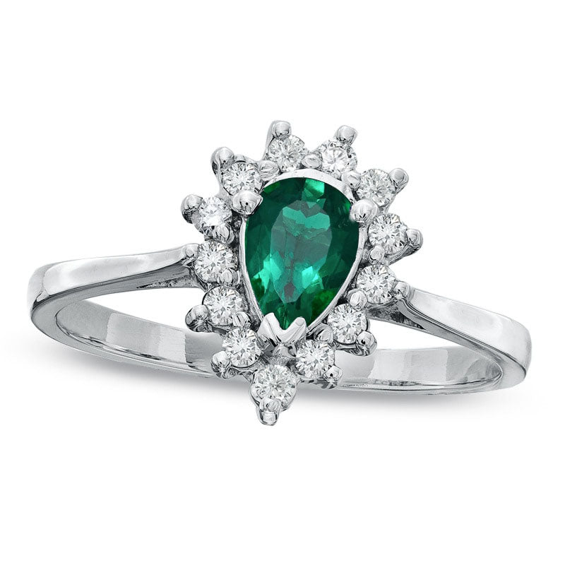 Image of ID 1 Pear-Shaped Emerald and 014 CT TW Natural Diamond Frame Engagement Ring in Solid 14K White Gold