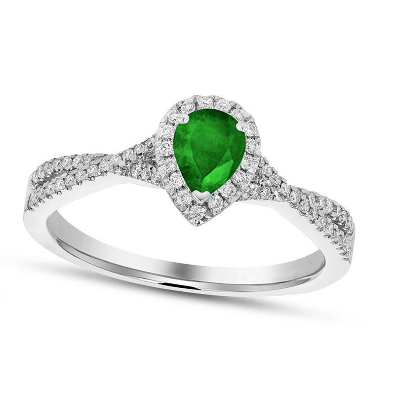 Image of ID 1 Pear-Shaped Emerald and 020 CT TW Natural Diamond Frame Crossover Engagement Ring in Solid 18K White Gold