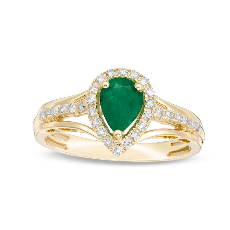 Image of ID 1 Pear-Shaped Emerald and 020 CT TW Natural Diamond Frame Triple Row Split Shank Ring in Solid 10K Yellow Gold