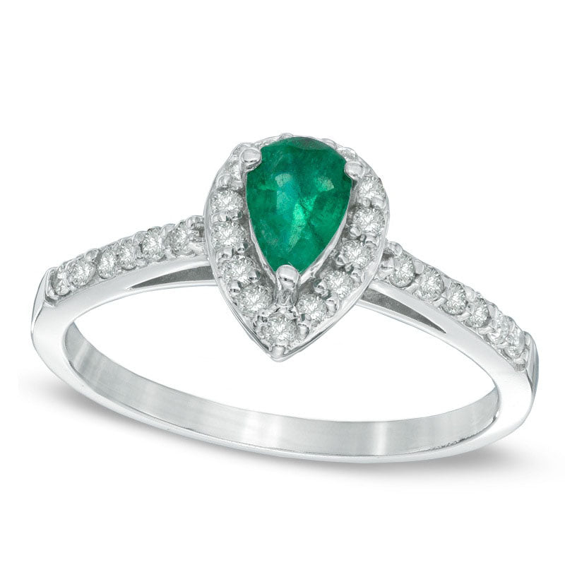 Image of ID 1 Pear-Shaped Emerald and 025 CT TW Natural Diamond Engagement Ring in Solid 10K White Gold