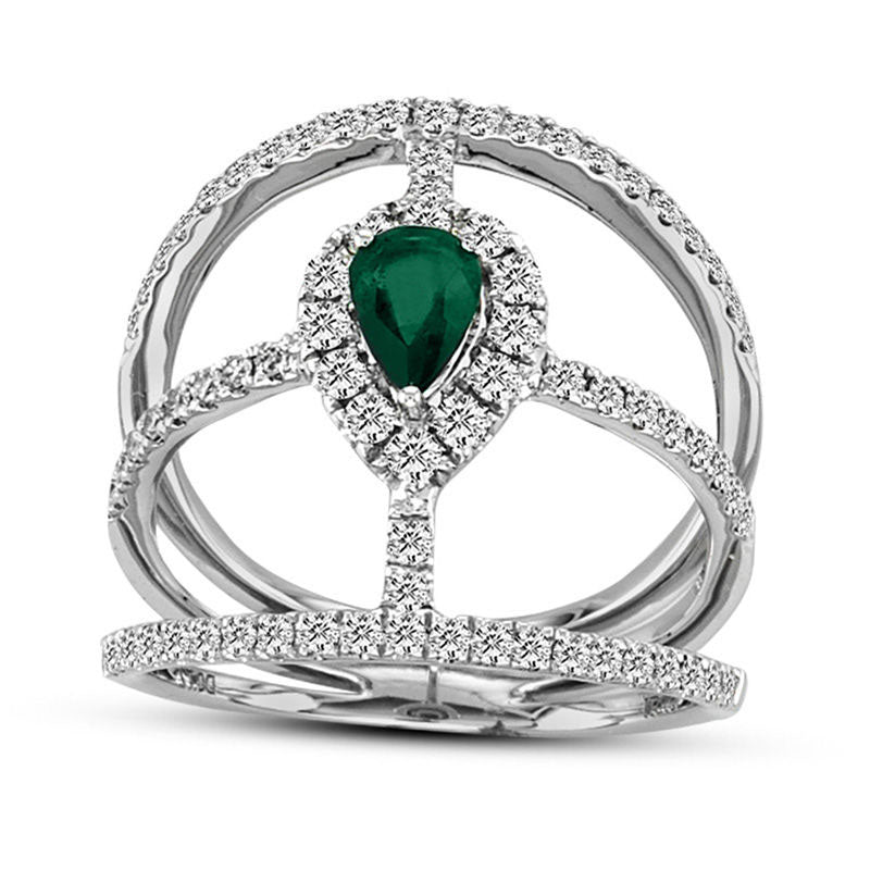 Image of ID 1 Pear-Shaped Emerald and 075 CT TW Natural Diamond Split Shank Orbit Ring in Solid 18K White Gold