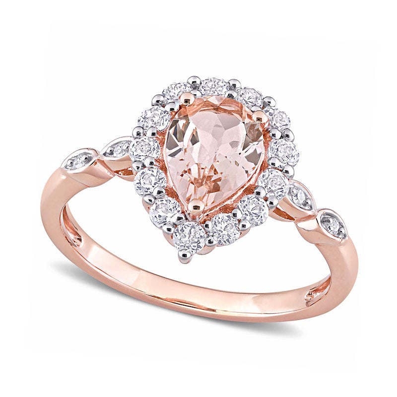 Image of ID 1 Pear-Shaped Morganite White Topaz and Natural Diamond Accent Frame Double Leaf-Sides Ring in Solid 10K Rose Gold