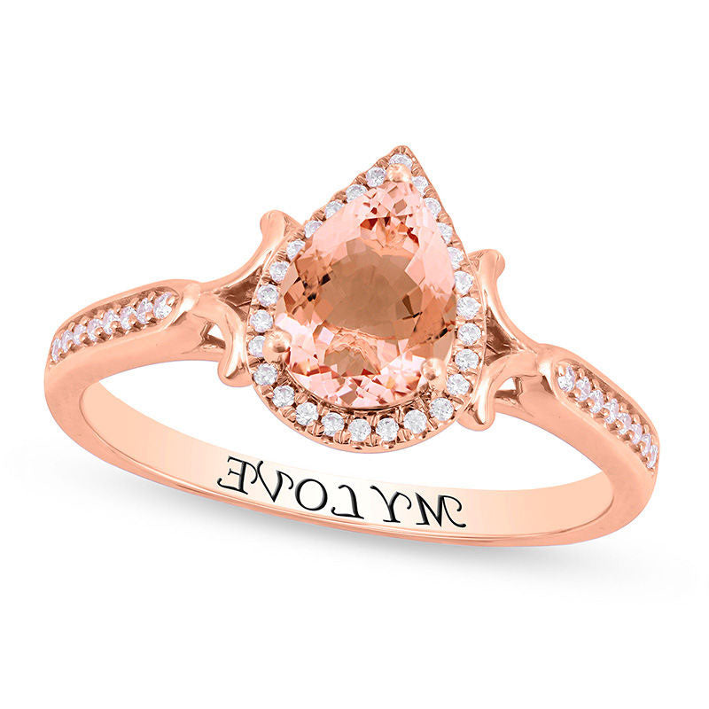Image of ID 1 Pear-Shaped Morganite and 017 CT TW Natural Diamond Frame Split Side Accent Promise Ring in Solid 10K Rose Gold (1 Line)