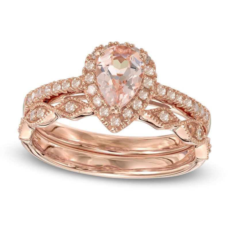Image of ID 1 Pear-Shaped Morganite and 025 CT TW Natural Diamond Frame Antique Vintage-Style Bridal Engagement Ring Set in Solid 14K Rose Gold