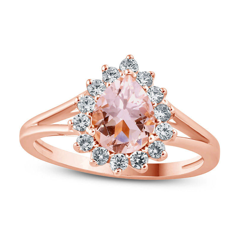 Image of ID 1 Pear-Shaped Morganite and 038 CT TW Natural Diamond Starburst Frame Ring in Solid 10K Rose Gold