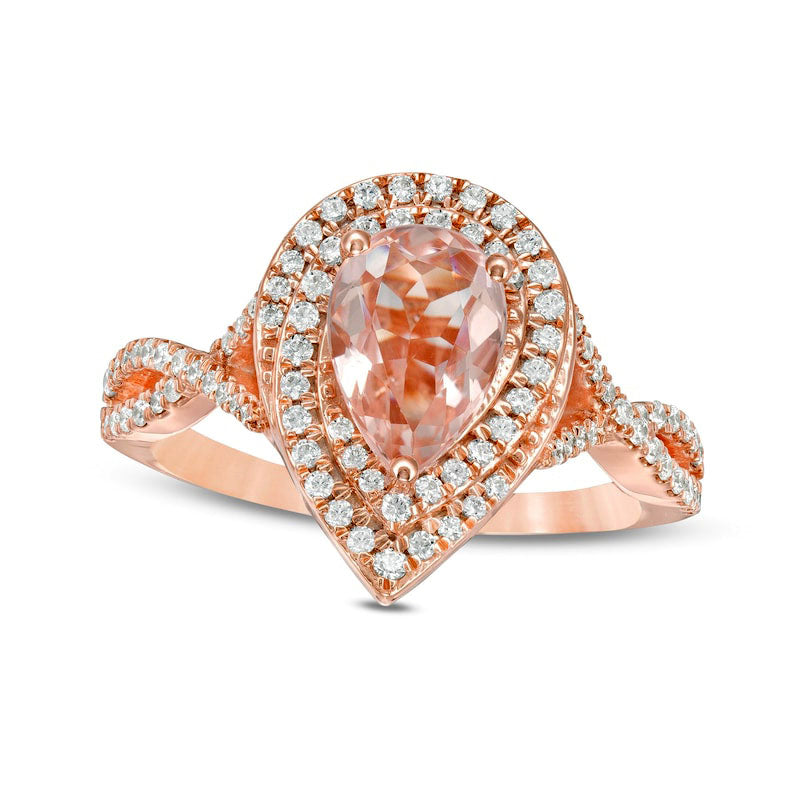Image of ID 1 Pear-Shaped Morganite and 050 CT TW Natural Diamond Cascade Frame Crossover Shank Ring in Solid 10K Rose Gold