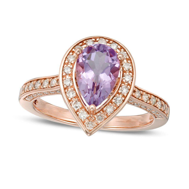 Image of ID 1 Pear-Shaped Pink Quartz and 038 CT TW Natural Diamond Teardrop Frame Ring in Solid 14K Rose Gold - Size 7