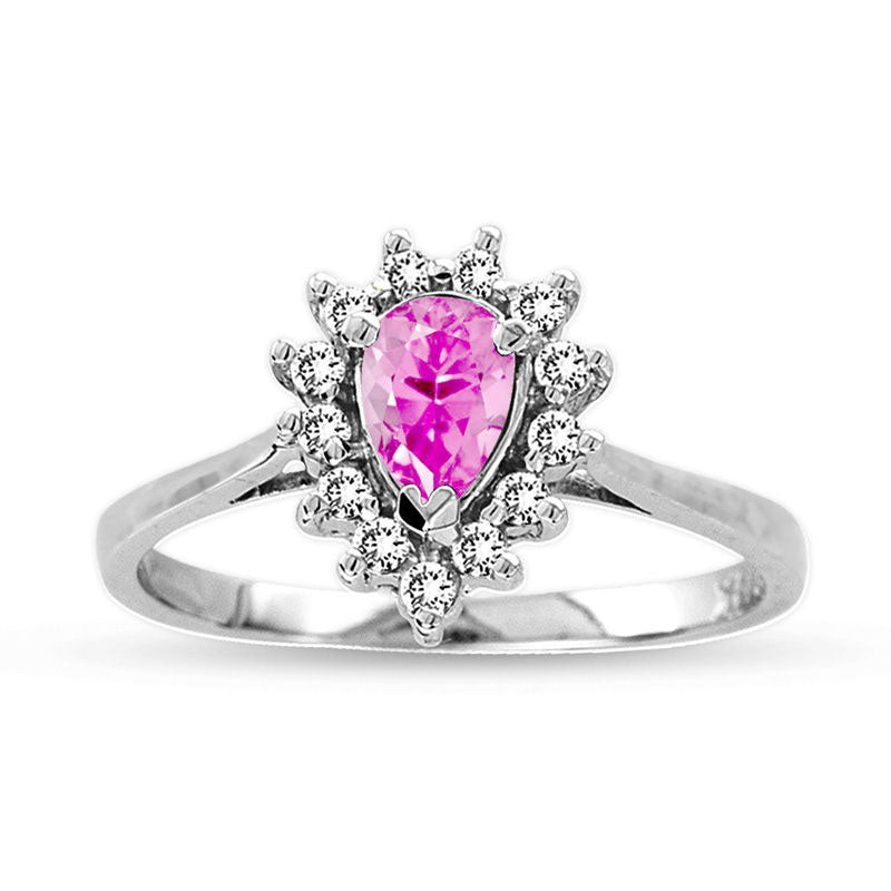 Image of ID 1 Pear-Shaped Pink Sapphire and 020 CT TW Natural Diamond Frame Engagement Ring in Solid 14K White Gold
