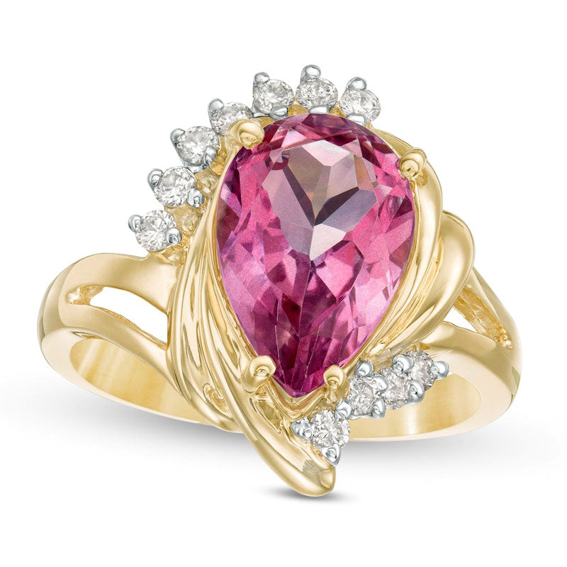 Image of ID 1 Pear-Shaped Pink Topaz and 020 CT TW Natural Diamond Swirl Split Shank Ring in Solid 10K Yellow Gold