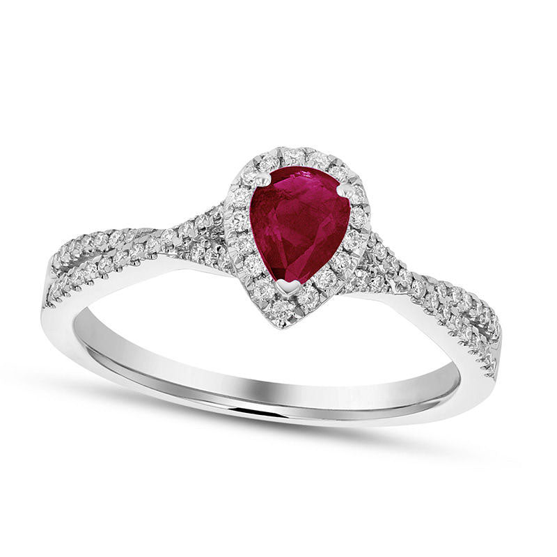 Image of ID 1 Pear-Shaped Ruby and 020 CT TW Natural Diamond Frame Crossover Engagement Ring in Solid 18K White Gold