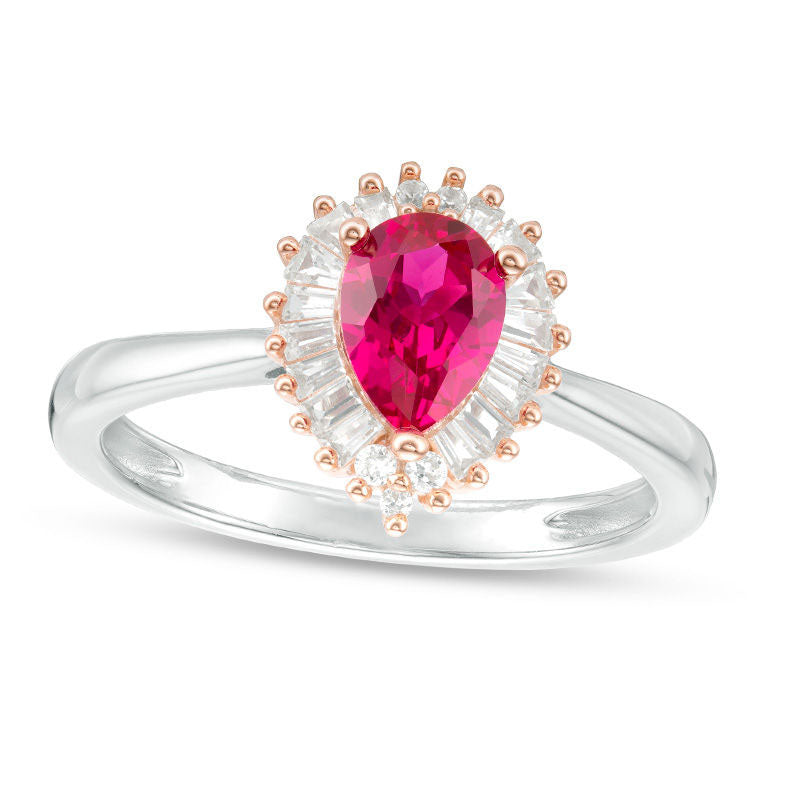 Image of ID 1 Pear-Shaped Ruby and 020 CT TW Natural Diamond Sunburst Frame Ring in Solid 10K White Gold and Rose Rhodium