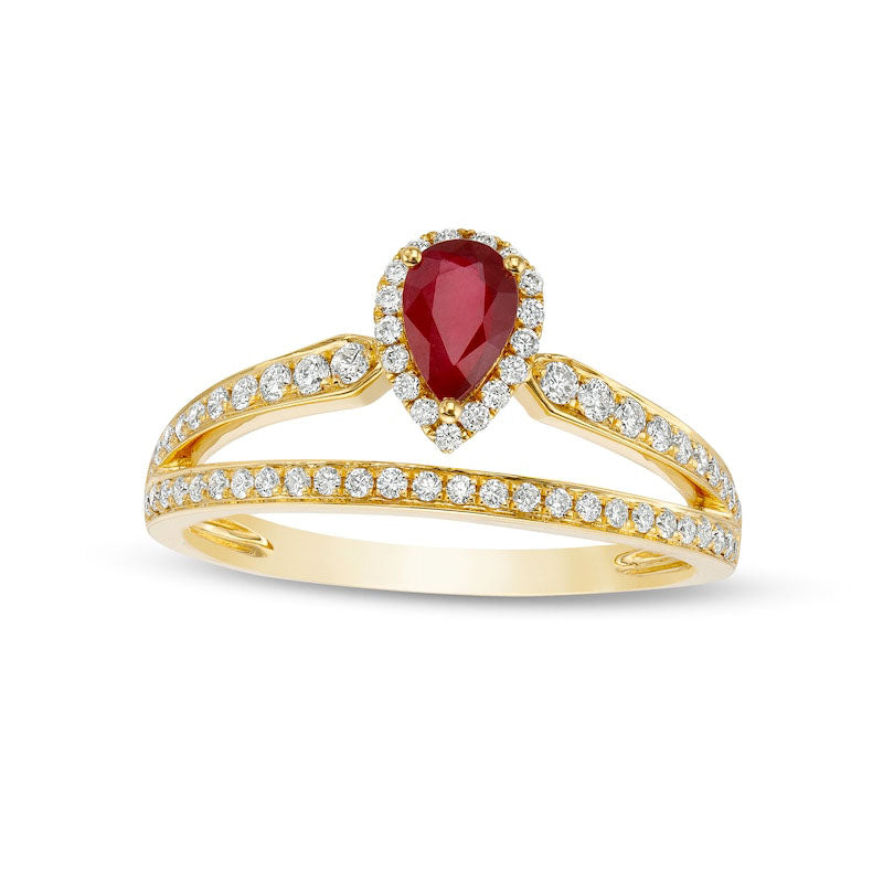 Image of ID 1 Pear-Shaped Ruby and 038 CT TW Natural Diamond Frame Split Shank Ring in Solid 10K Yellow Gold