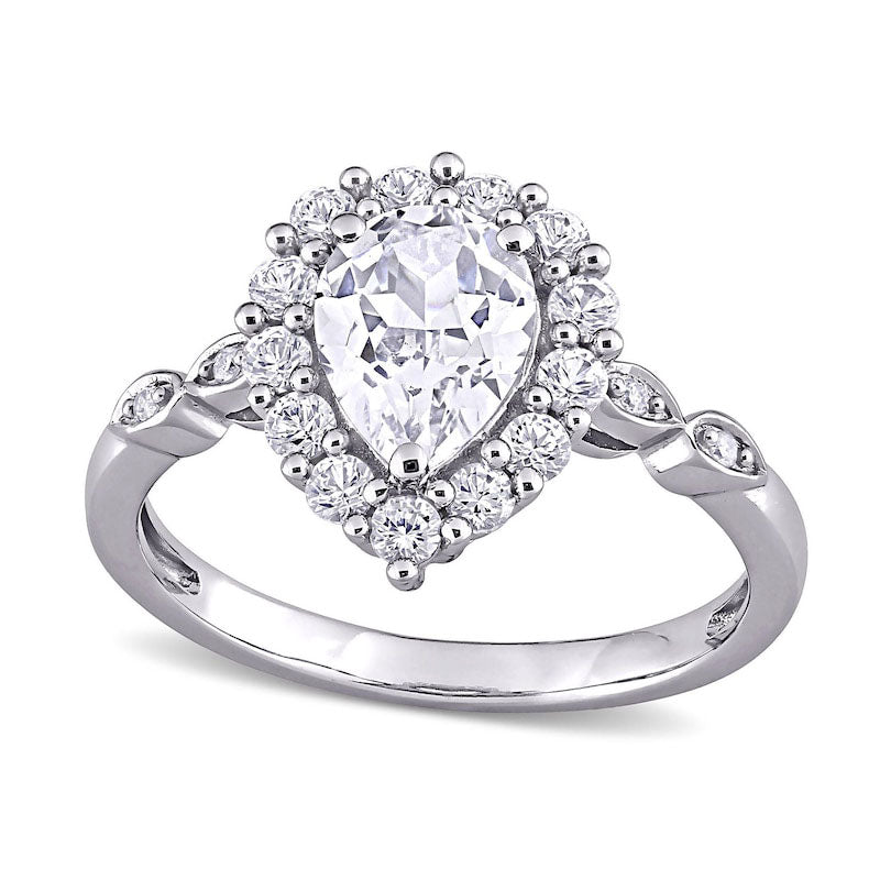 Image of ID 1 Pear-Shaped White Lab-Created Sapphire and Diamond Accent Frame Art Deco Engagement Ring in Solid 10K White Gold
