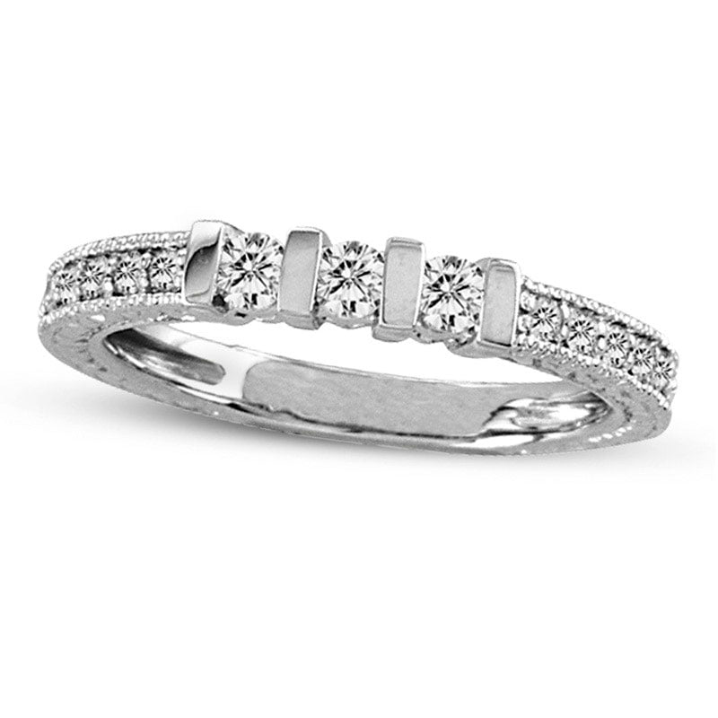 Image of ID 1 Previously Owned - 033 CT TW Natural Diamond Three Stone Wedding Band in Solid 14K White Gold (I/SI2)
