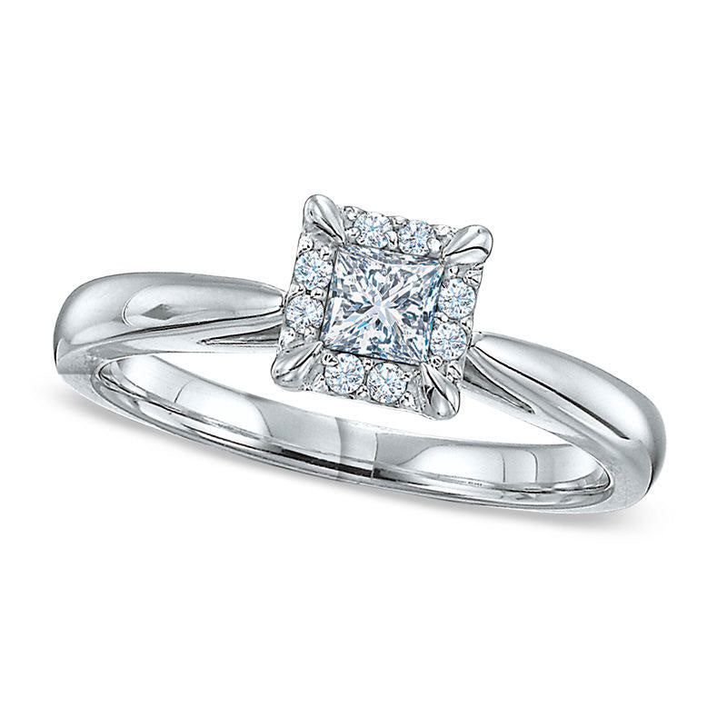 Image of ID 1 Previously Owned - 038 CT TW Princess-Cut Natural Diamond Frame Engagement Ring in Solid 14K White Gold