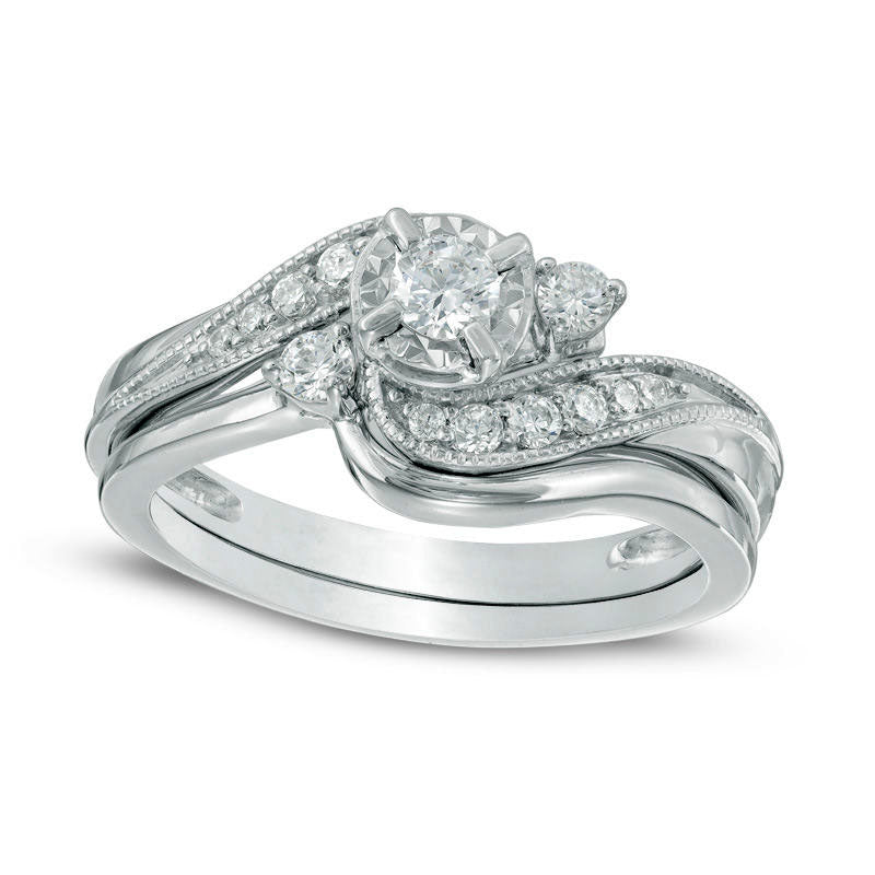 Image of ID 1 Previously Owned - 038 CT TW Slant Three Stone Bridal Engagement Ring Set in Solid 10K White Gold