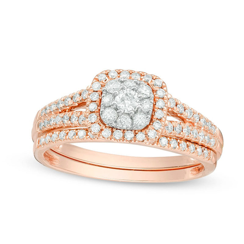 Image of ID 1 Previously Owned - 050 CT TW Composite Natural Diamond Cushion Frame Bridal Engagement Ring Set in Solid 14K Rose Gold