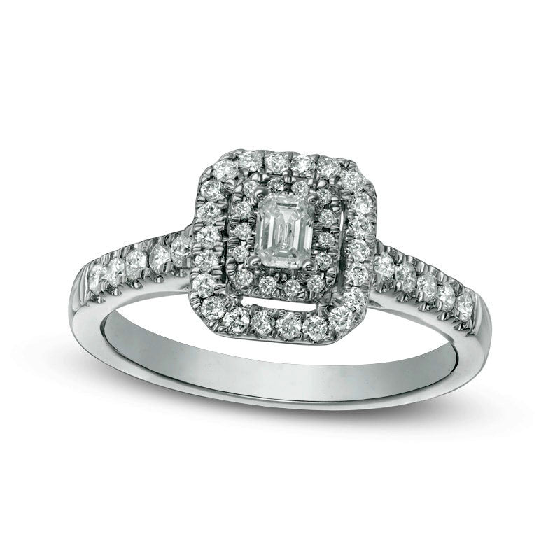Image of ID 1 Previously Owned - 050 CT TW Emerald-Cut Natural Diamond Double Frame Engagement Ring in Solid 14K White Gold