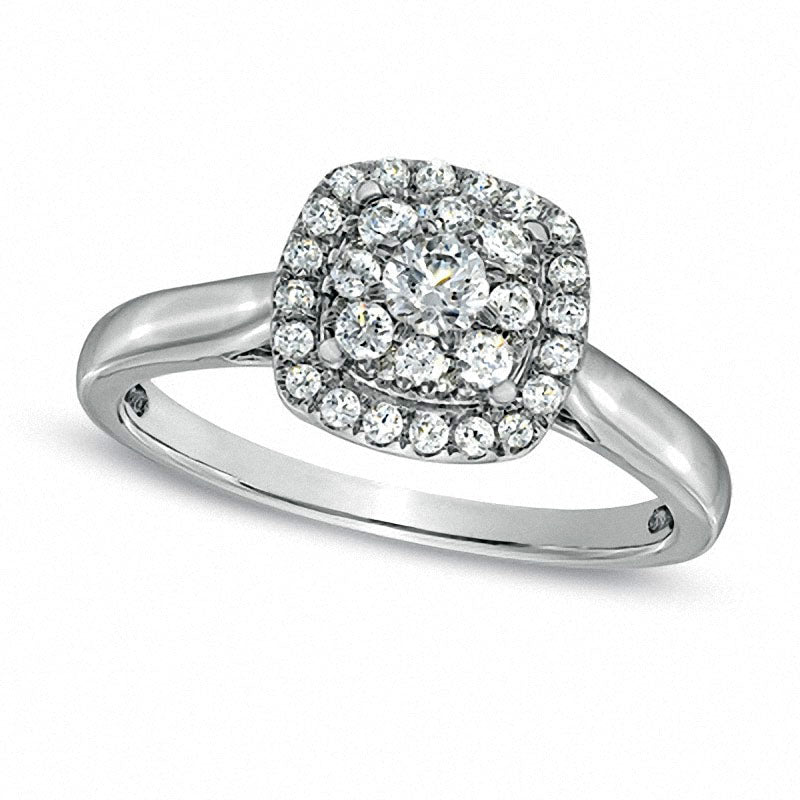 Image of ID 1 Previously Owned - 050 CT TW Natural Diamond Cluster Cushion Frame Engagement Ring in Solid 14K White Gold