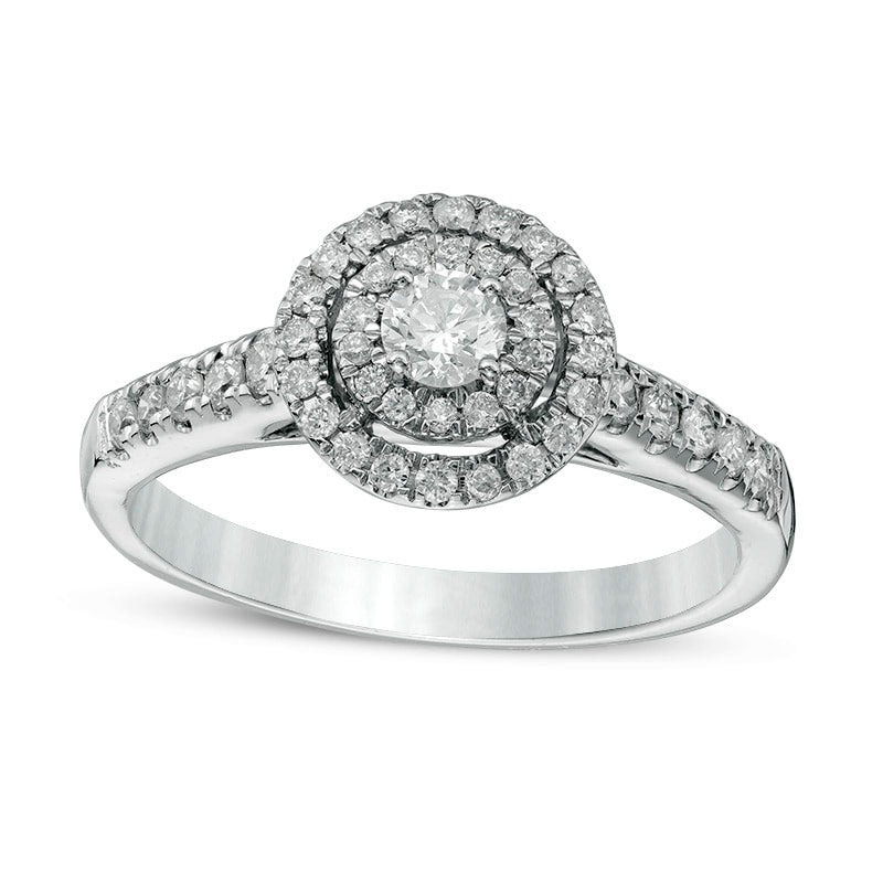 Image of ID 1 Previously Owned - 050 CT TW Natural Diamond Double Frame Engagement Ring in Solid 14K White Gold